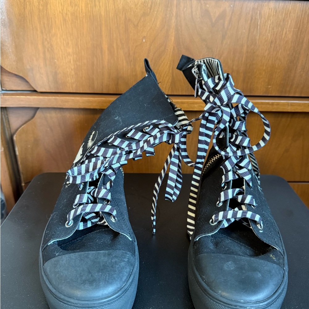 Dolls Kill Black Open-Toe Platform Lace-Up Sneakers with Striped Ribbon Laces